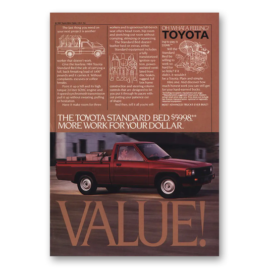 1984 Toyota Trucks More Work for Your Dollar Value Vintage Magazine Print Ad