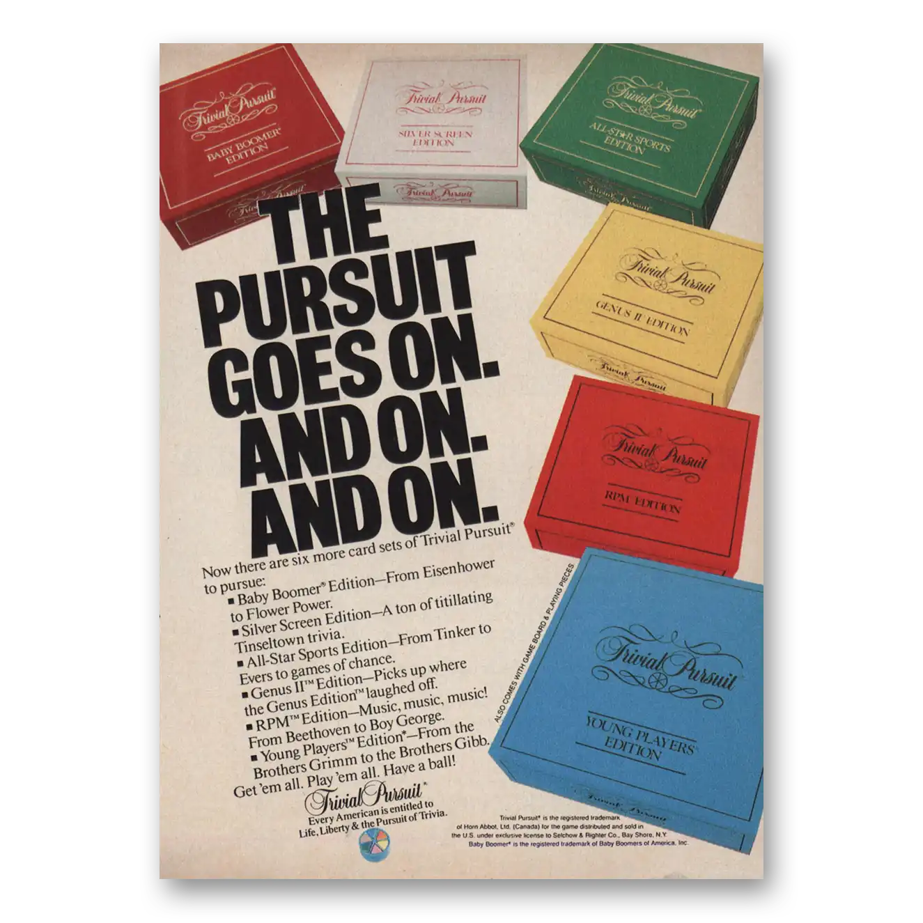 1985 Trivial Pursuit Goes On and On and On Vintage Magazine Print Ad