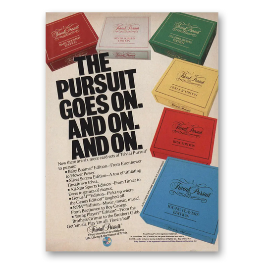 1985 Trivial Pursuit Goes On and On and On Vintage Magazine Print Ad