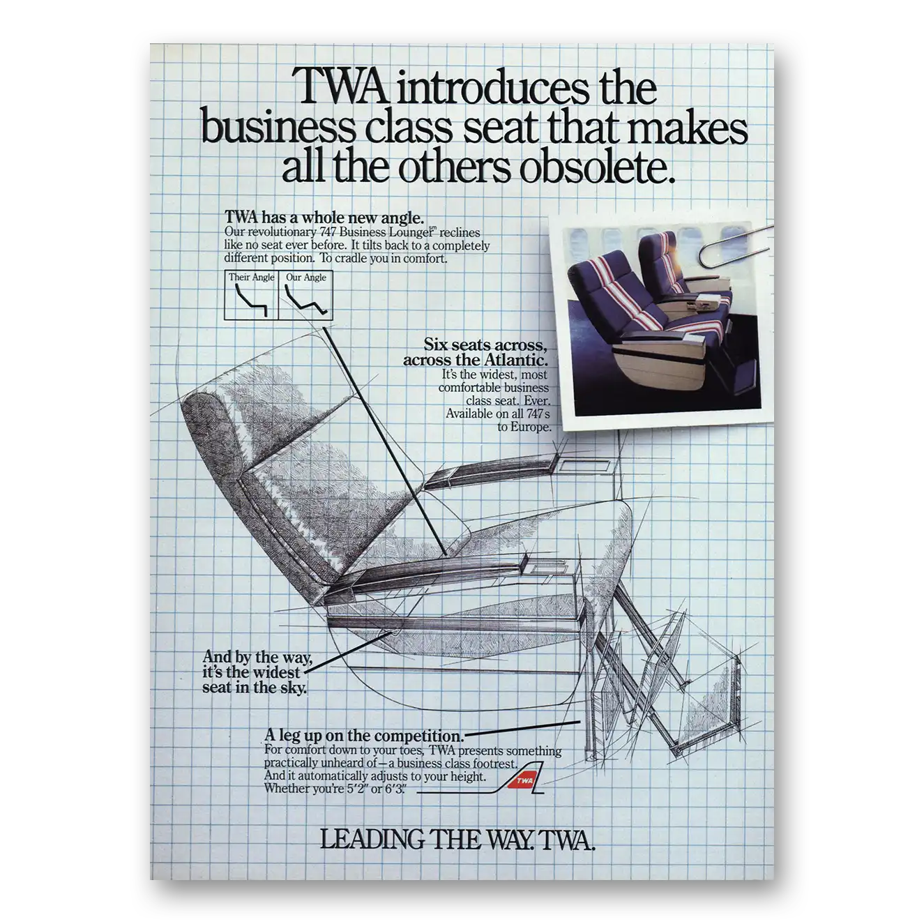 1985 TWA Airlines Business Class Seat Makes Others Obsolete Vintage Magazine Print Ad