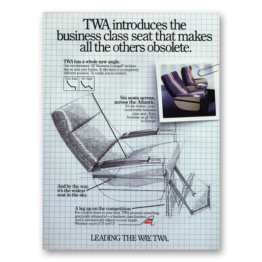 1985 TWA Airlines Business Class Seat Makes Others Obsolete Vintage Magazine Print Ad