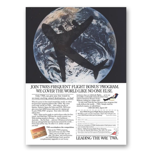 1985 TWA Airlines We Cover the World Vintage Magazine Print Ad