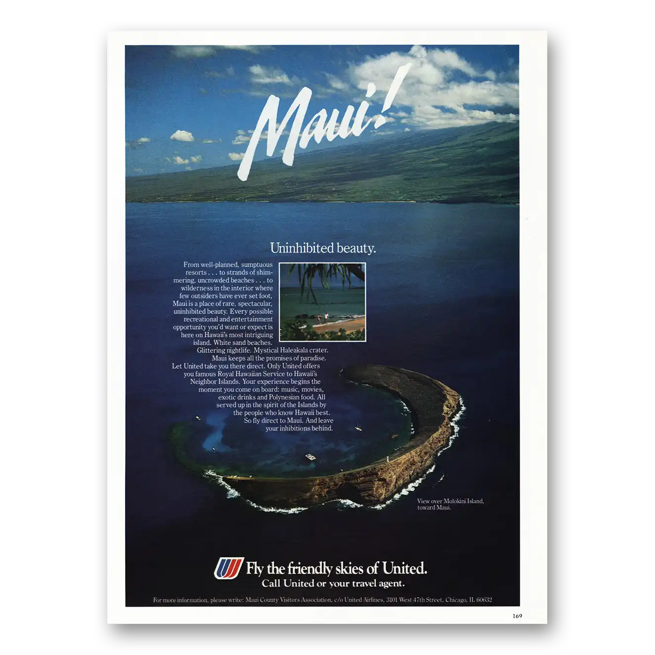 1985 United Airlines Maui Uninhibited Beauty Vintage Magazine Print Ad