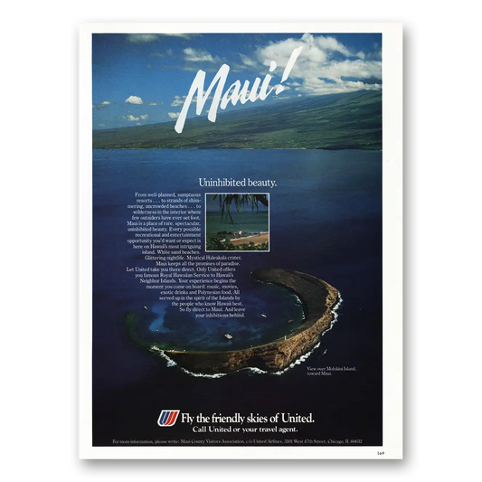 1985 United Airlines Maui Uninhibited Beauty Vintage Magazine Print Ad