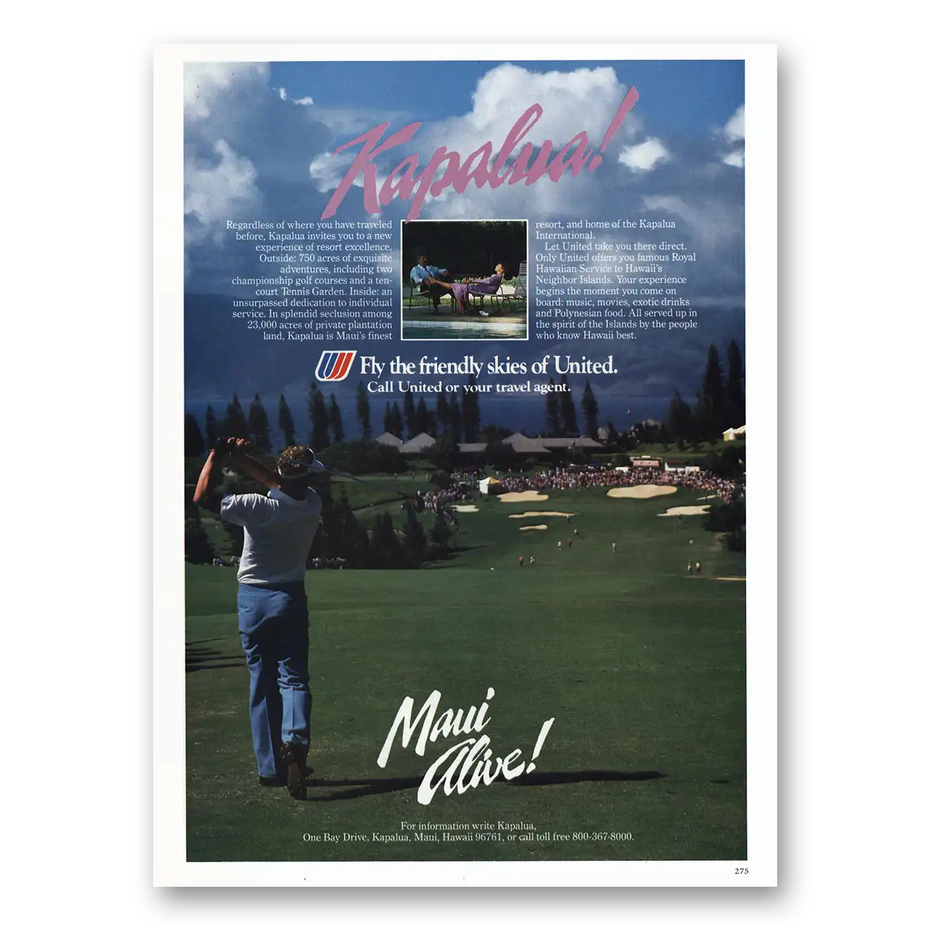 1985 United Airlines Kapalua Maui Alive Vintage Magazine Print Ad