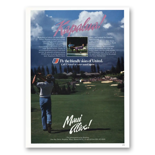 1985 United Airlines Kapalua Maui Alive Vintage Magazine Print Ad