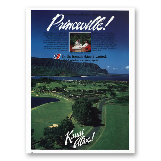 1985 United Airlines Princeville Kauai Vintage Magazine Print Ad