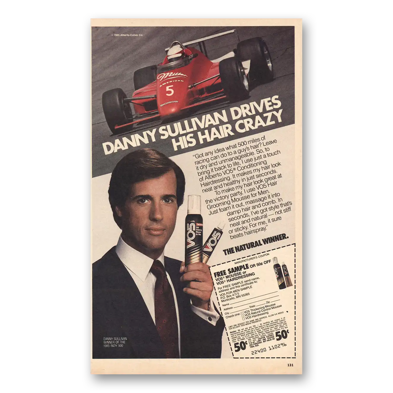 1985 Alberto VO5 Danny Sullivan Drives His Hair Crazy Vintage Magazine Print Ad