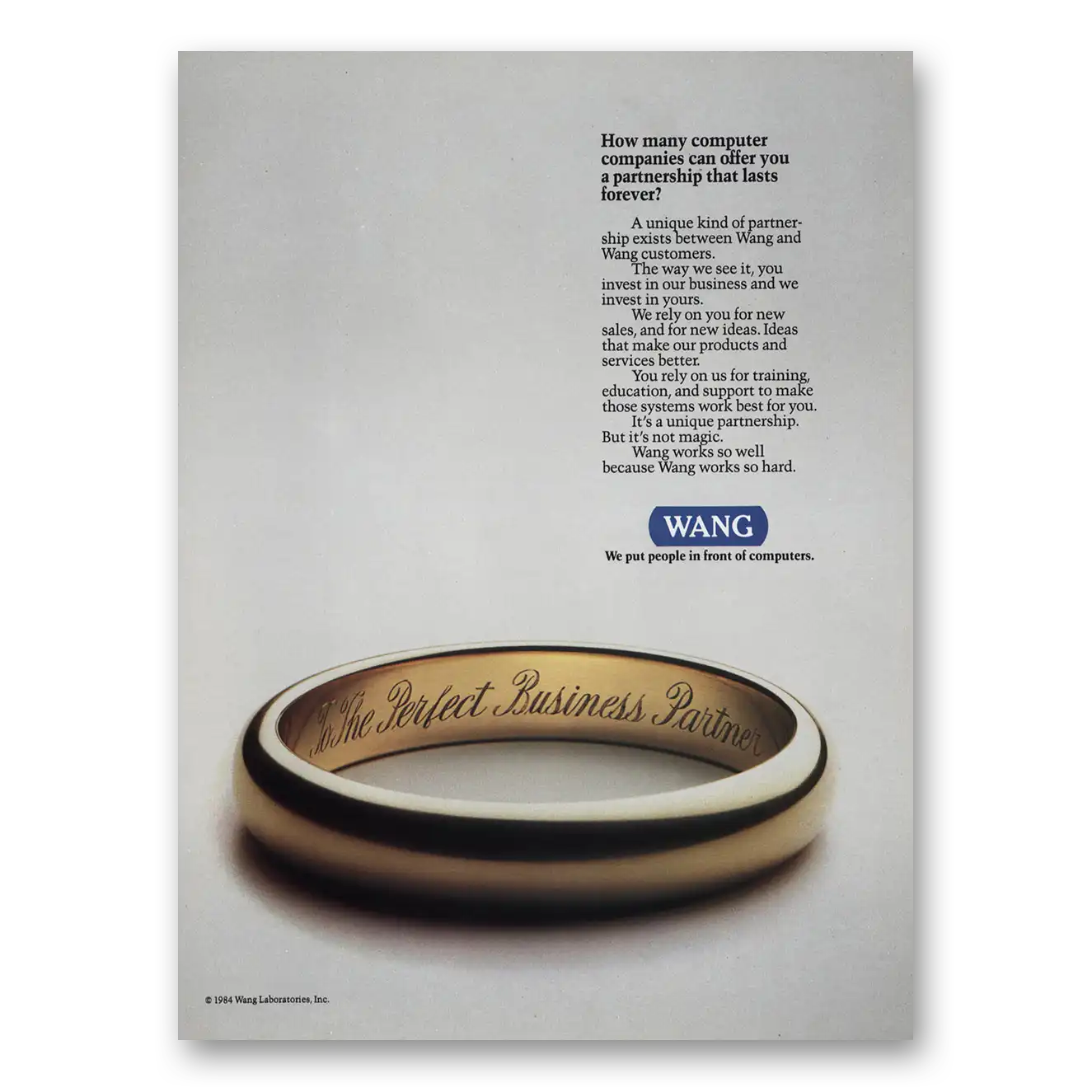 1985 Wang Computers Partnership That Lasts Forever Ring Vintage Magazine Print Ad