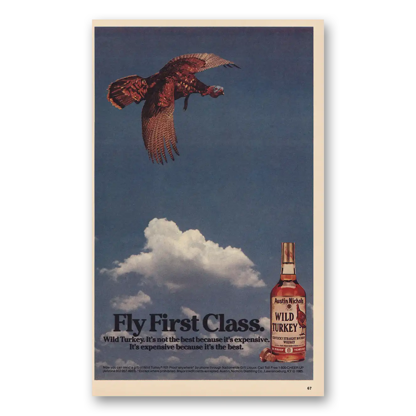 1985 Wild Turkey Bourbon Whiskey Fly First Class Vintage Magazine Print Ad