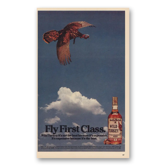 1985 Wild Turkey Bourbon Whiskey Fly First Class Vintage Magazine Print Ad