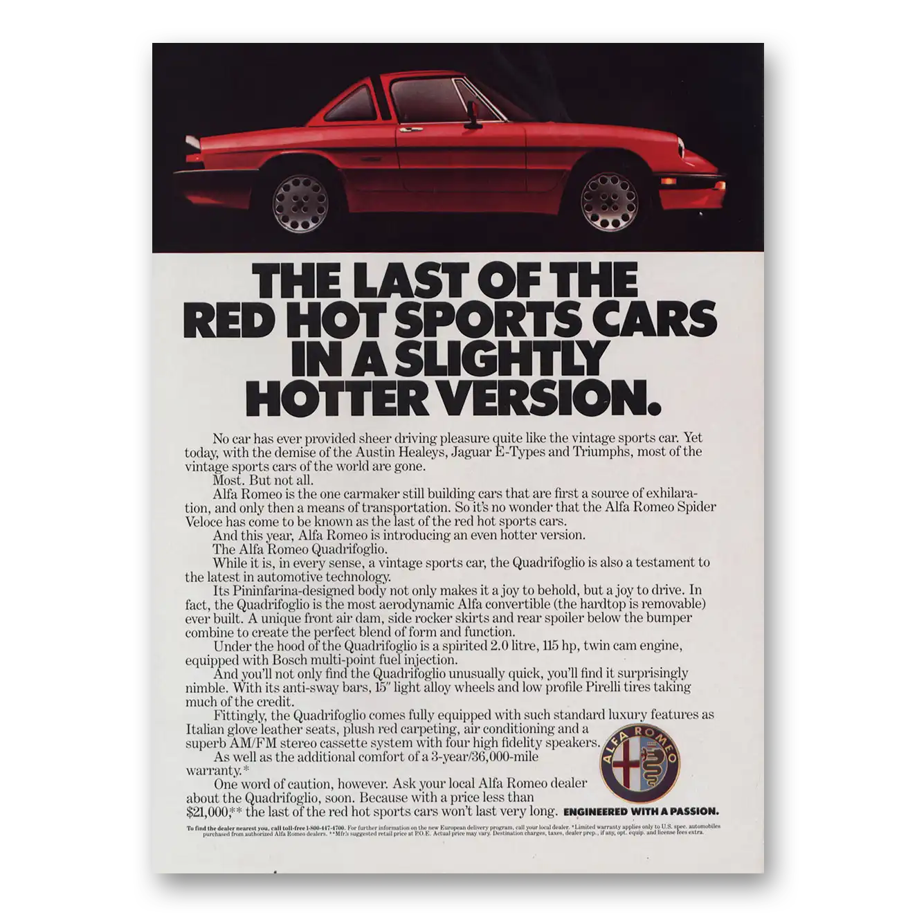 1986 Alfa Romeo Quadriflogio Red Hot Sports Car Vintage Magazine Print Ad