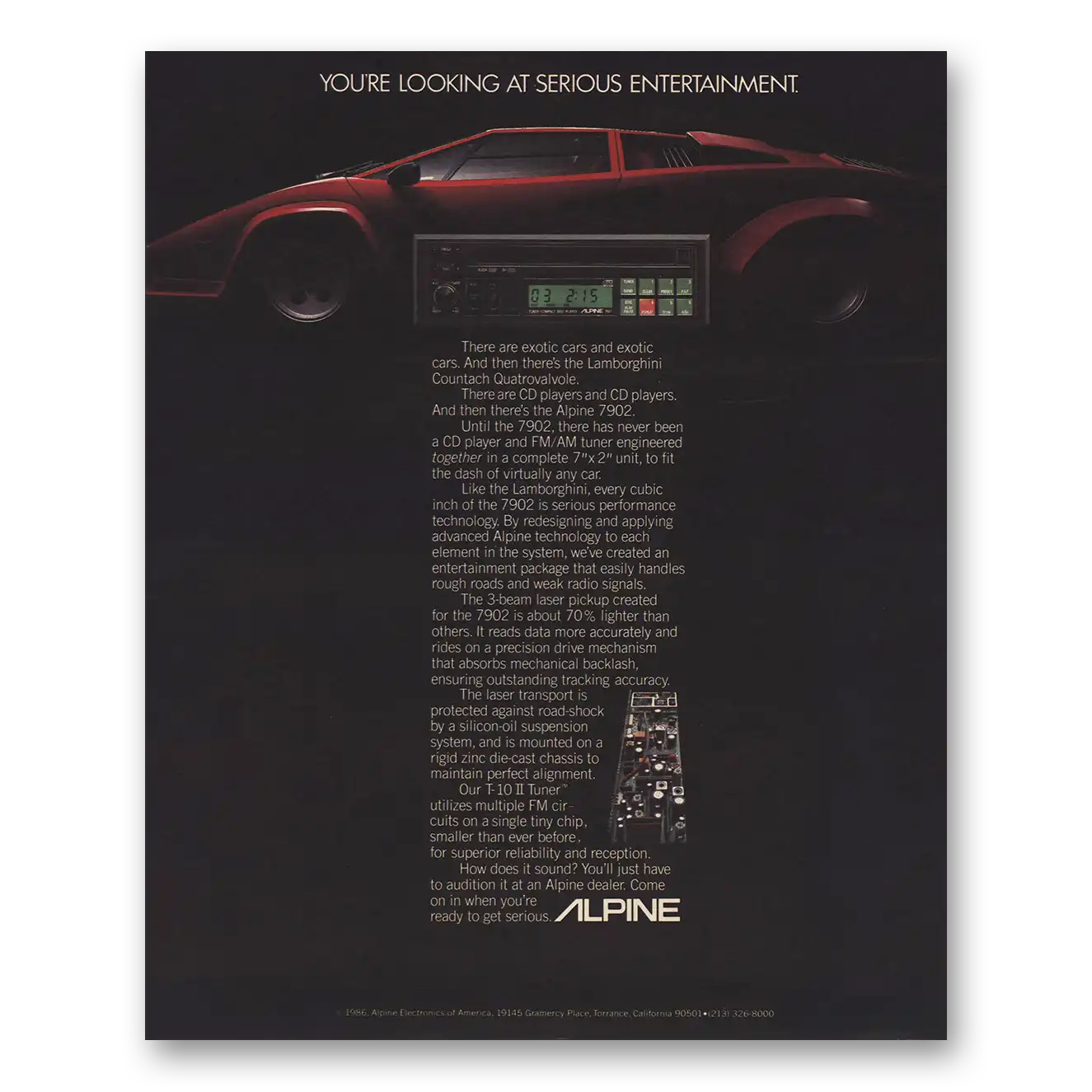 1986 Alpine Electronics Lamborghini Countach Quatrovalvole Vintage Magazine Print Ad