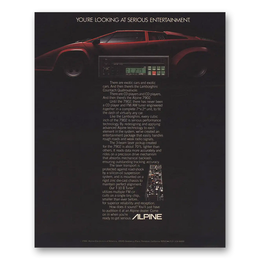 1986 Alpine Electronics Lamborghini Countach Quatrovalvole Vintage Magazine Print Ad