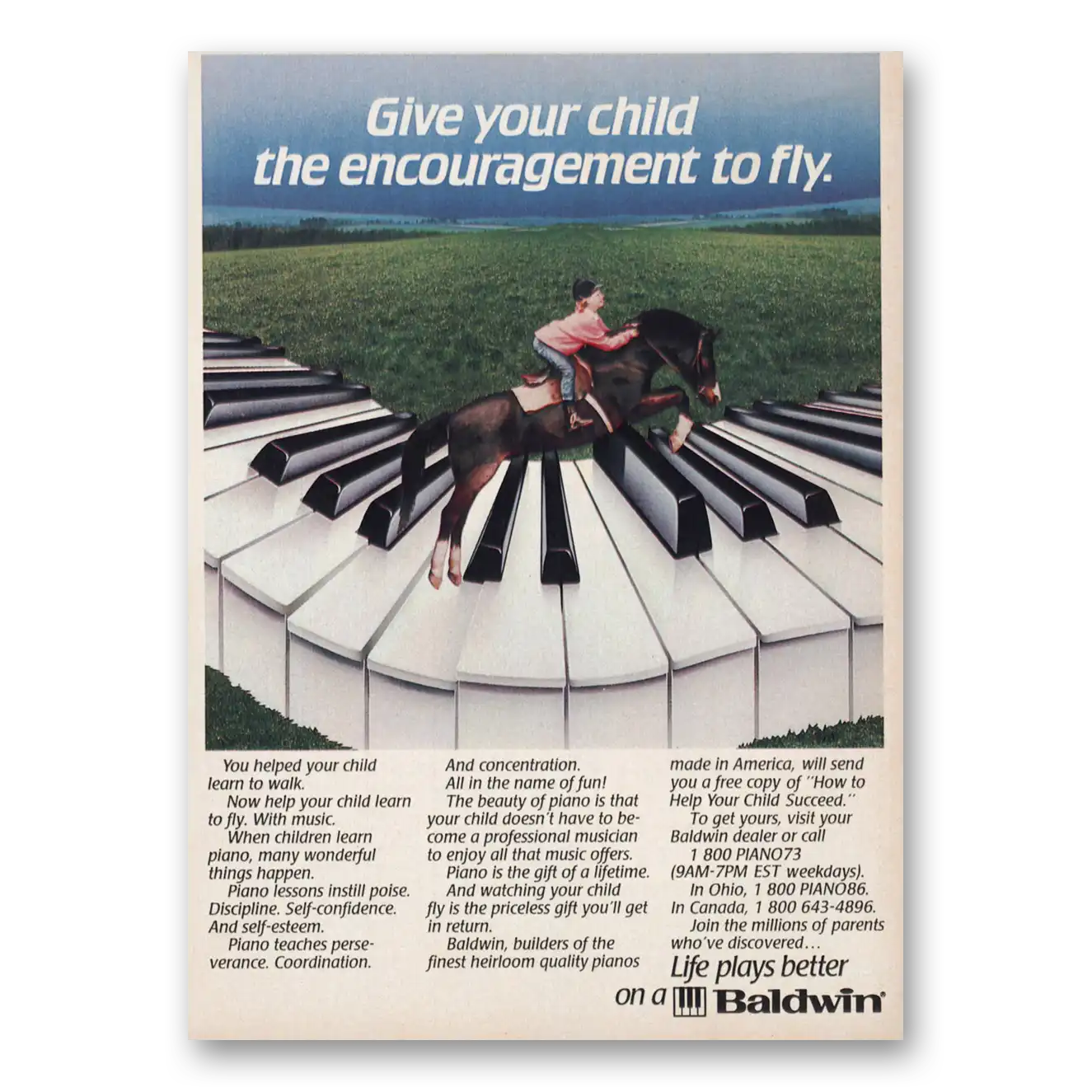 1986 Baldwin Piano Child Encouragement to Fly Vintage Magazine Print Ad