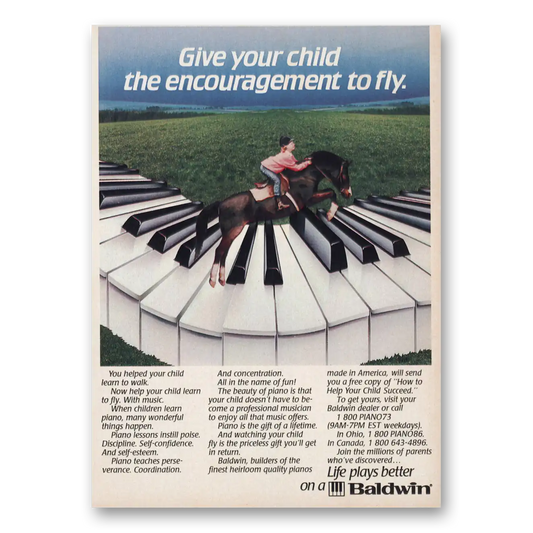 1986 Baldwin Piano Child Encouragement to Fly Vintage Magazine Print Ad