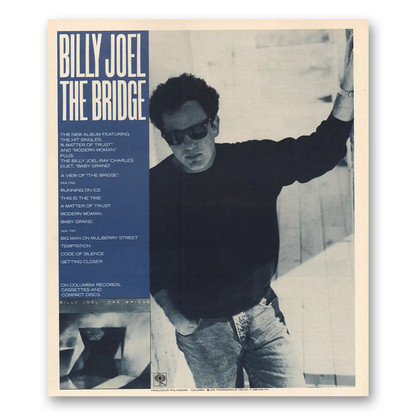 1986 Billy Joel Promo Bridge Vintage Magazine Print Ad