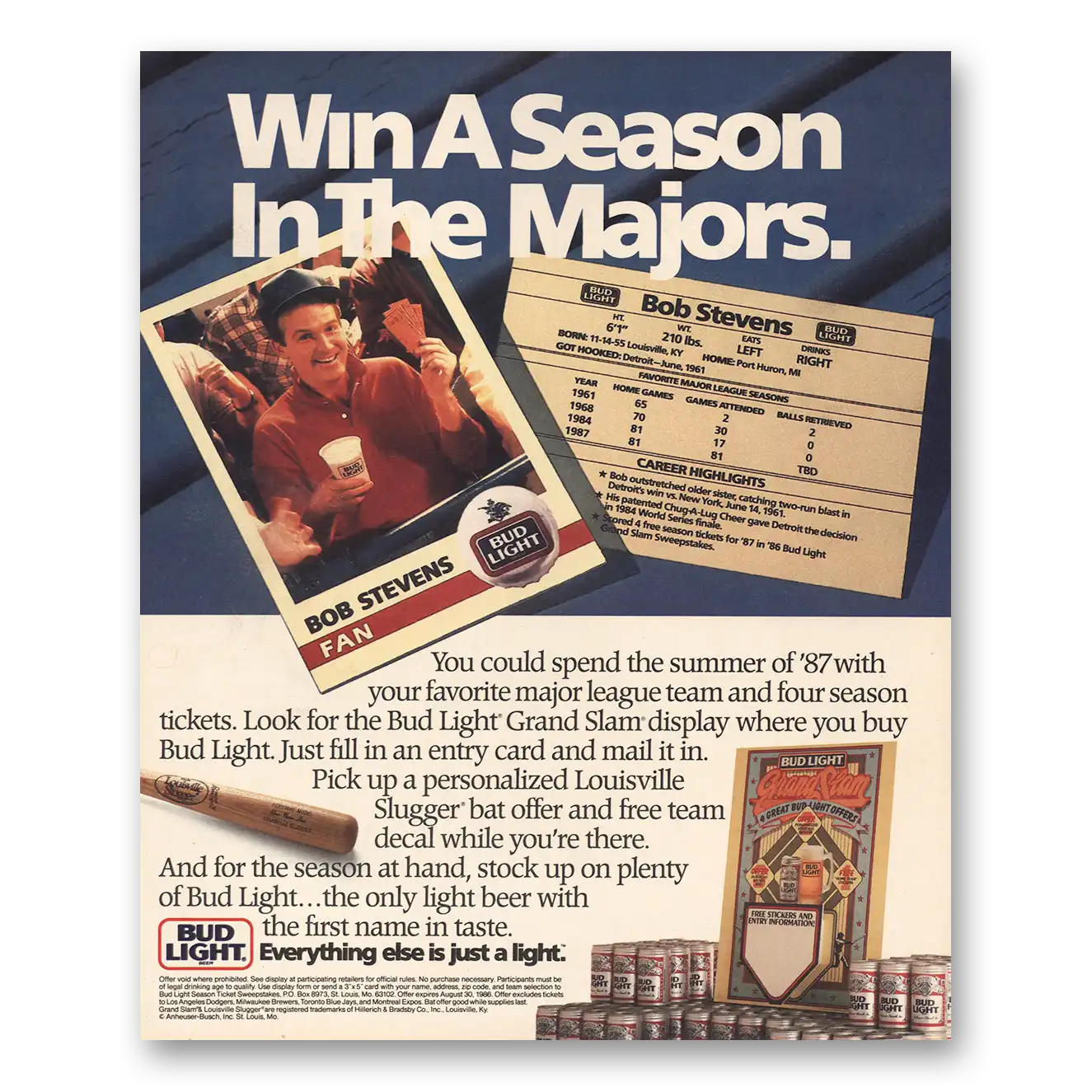 1986 Budweiser Beer Bud Light Win a Season In The Majors Vintage Magazine Print Ad