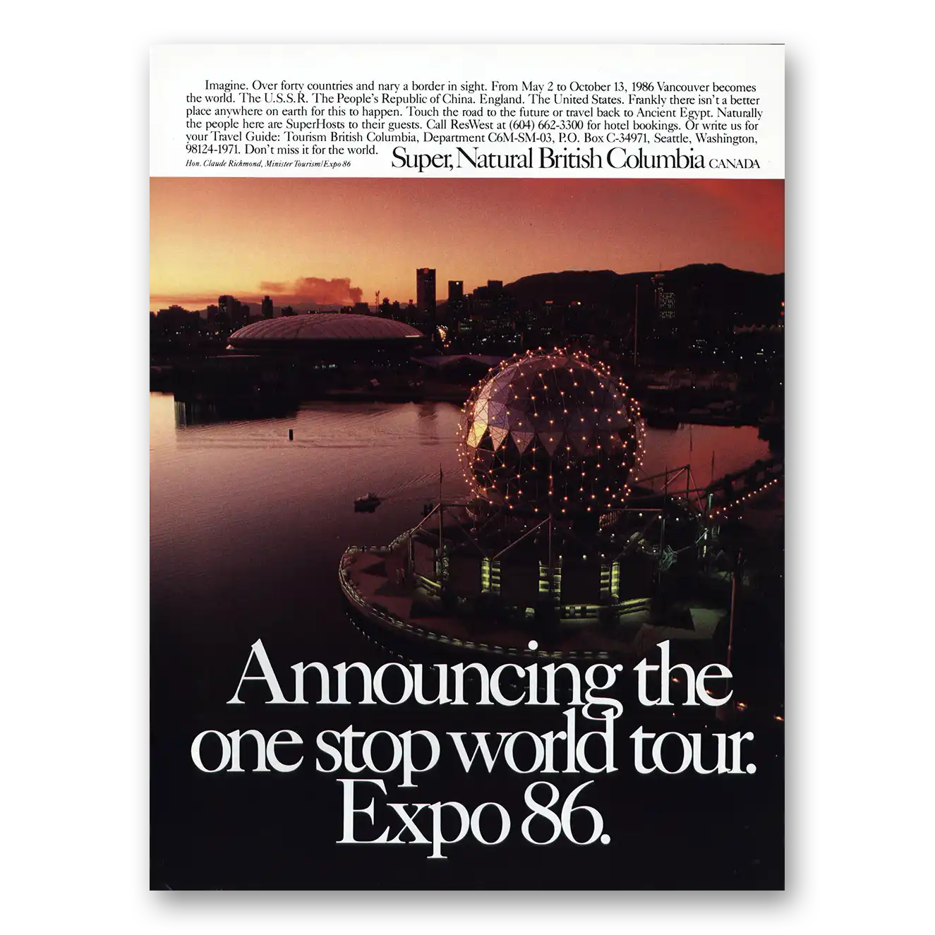 1986 British Columbia Canada One Stop World Tour Expo 86 Vintage Magazine Print Ad