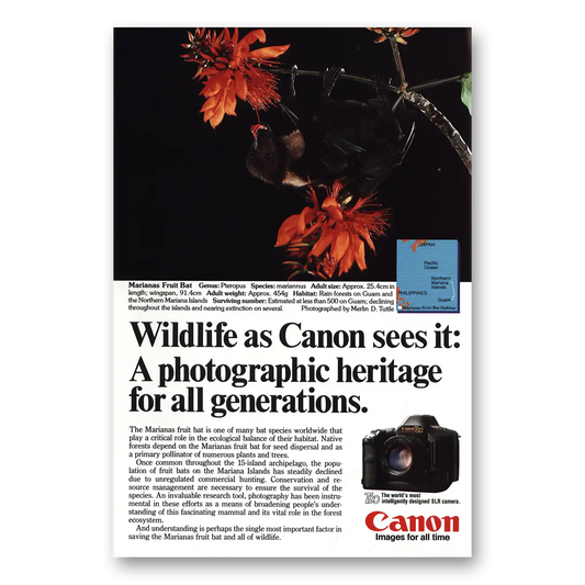 1986 Canon Camera Mariana Fruit Bat Vintage Magazine Print Ad