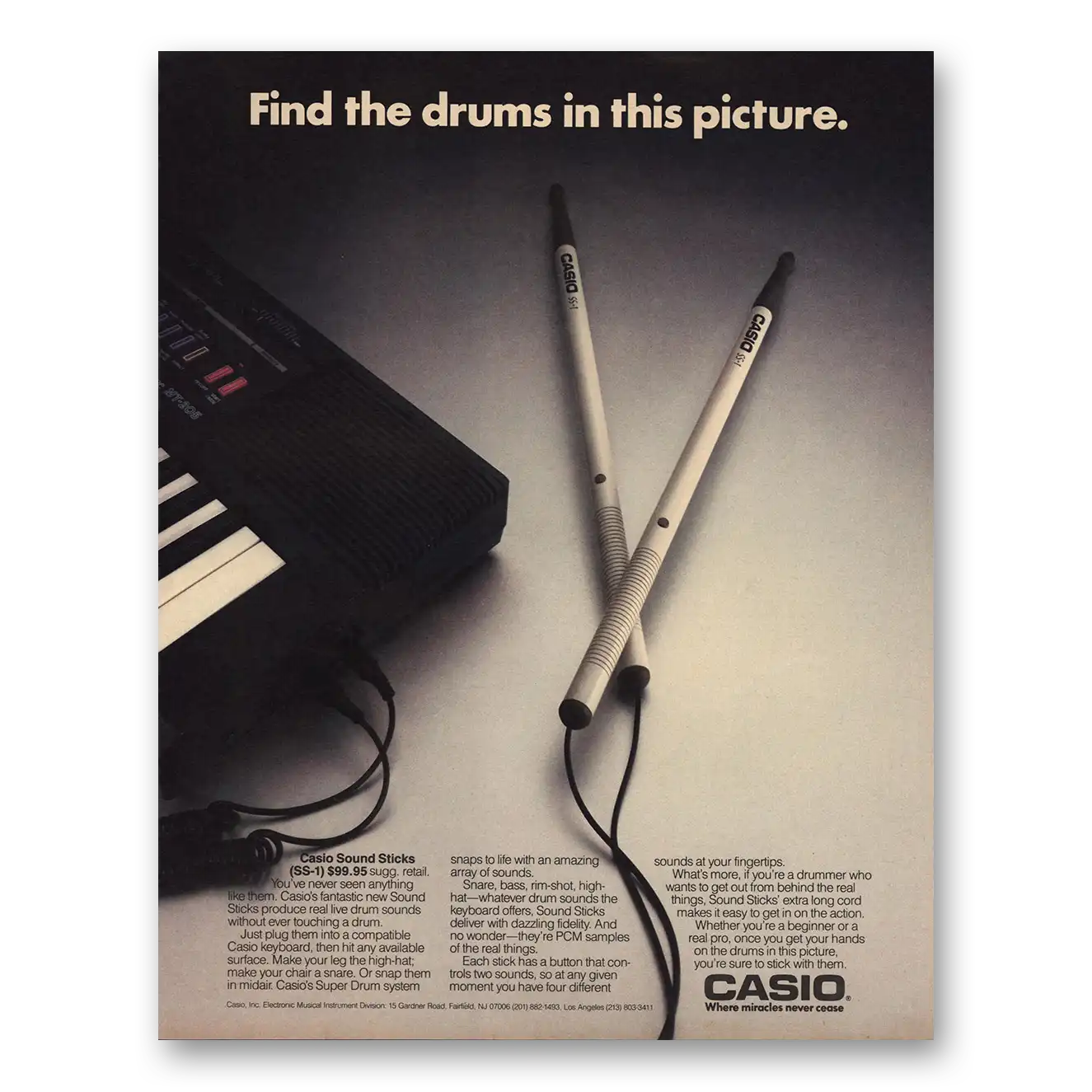 1986 Casio Sound Sticks Find the Drums Vintage Magazine Print Ad