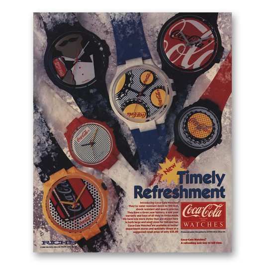 1986 Coca Cola Watches Timely Refreshment Vintage Magazine Print Ad