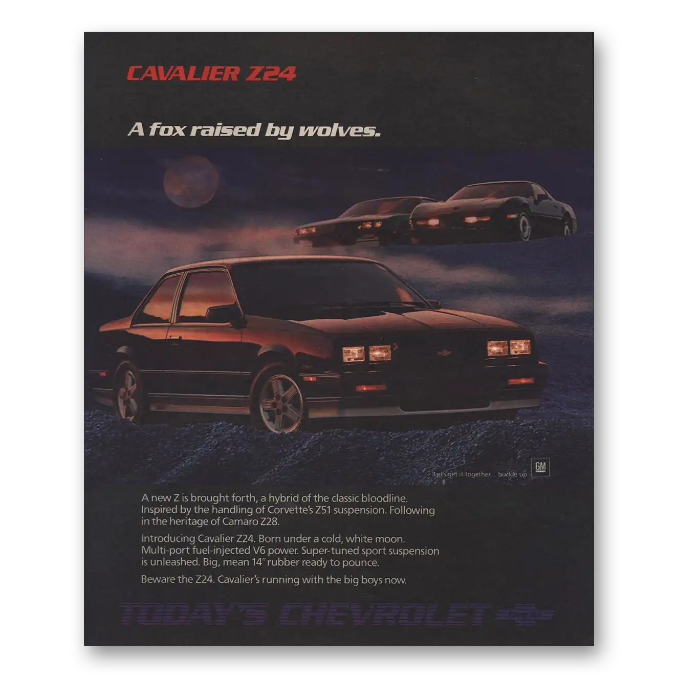 1986 Chevrolet Cavalier Fox Raised By Wolves Vintage Magazine Print Ad