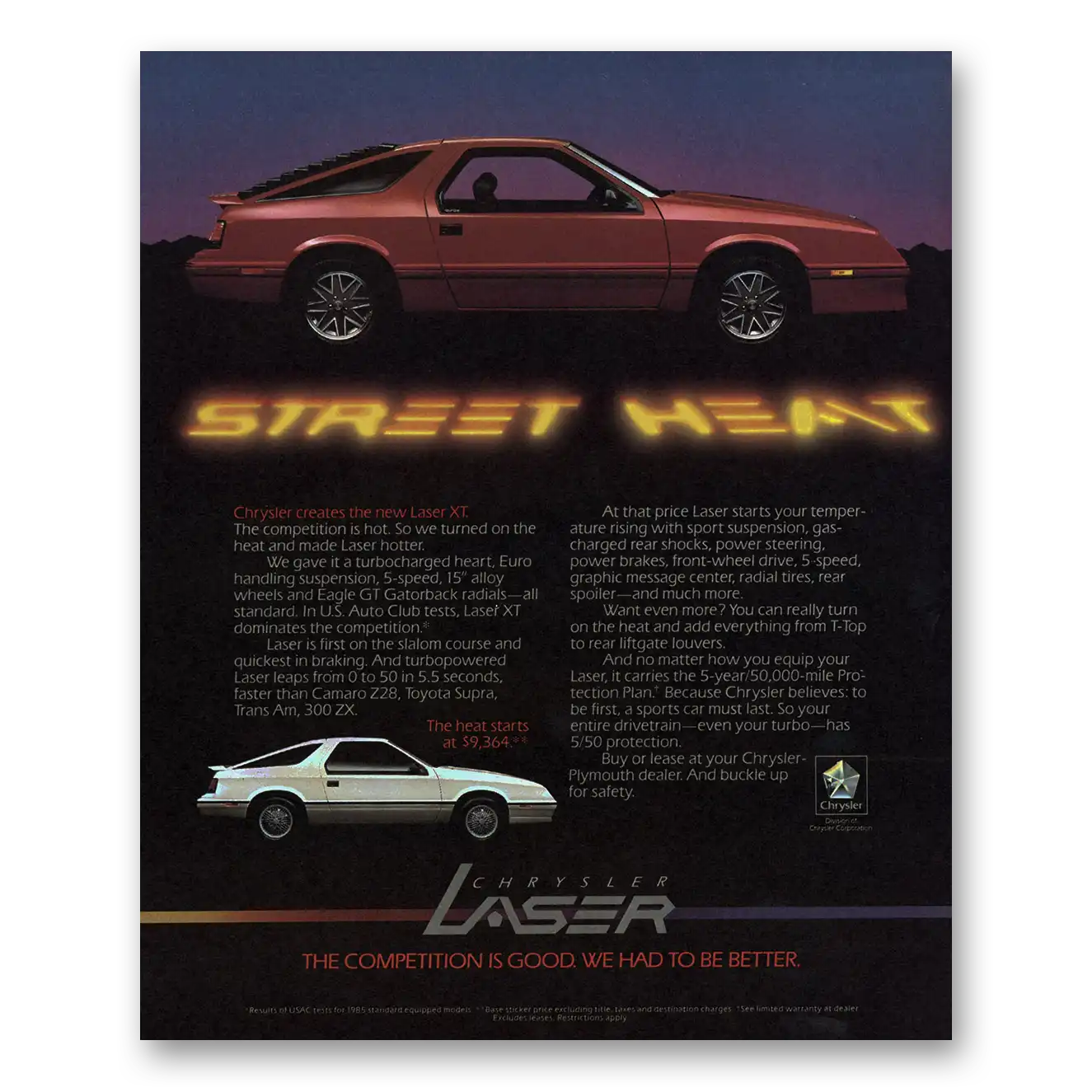 1986 Chrysler Laser Street Heat Vintage Magazine Print Ad