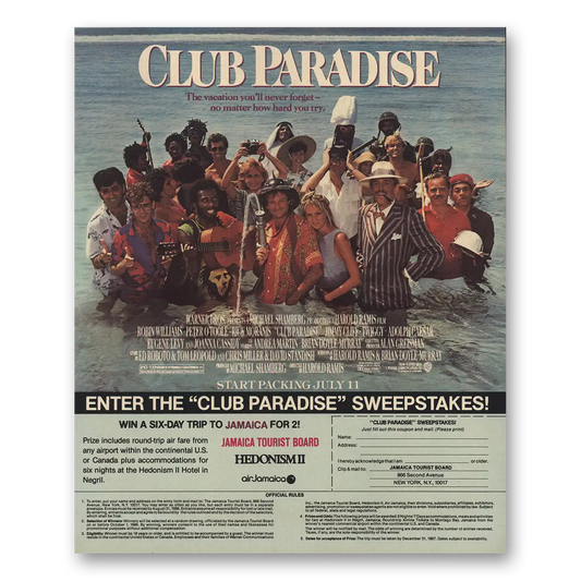 1986 Club Paradise Movie Promo Robin Williams Vintage Magazine Print Ad