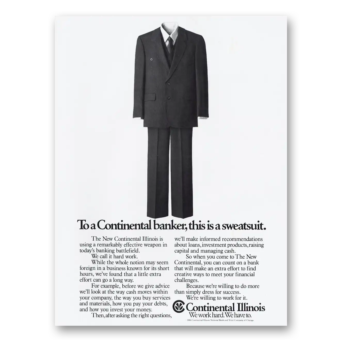 1986 Continental Illinois To a Banker This Is a Sweatsuit Vintage Magazine Print Ad