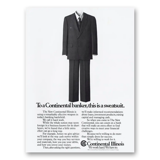 1986 Continental Illinois To a Banker This Is a Sweatsuit Vintage Magazine Print Ad