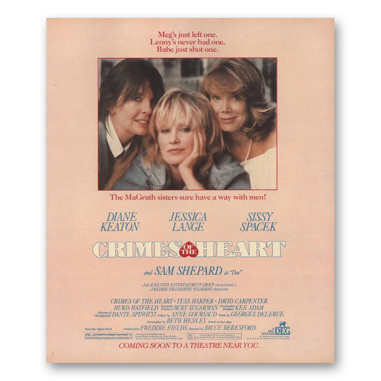 1986 Crimes of the Heart Movie Promo Diane Keaton Jessica Lange and Sissy Spacek Vintage Magazine Print Ad