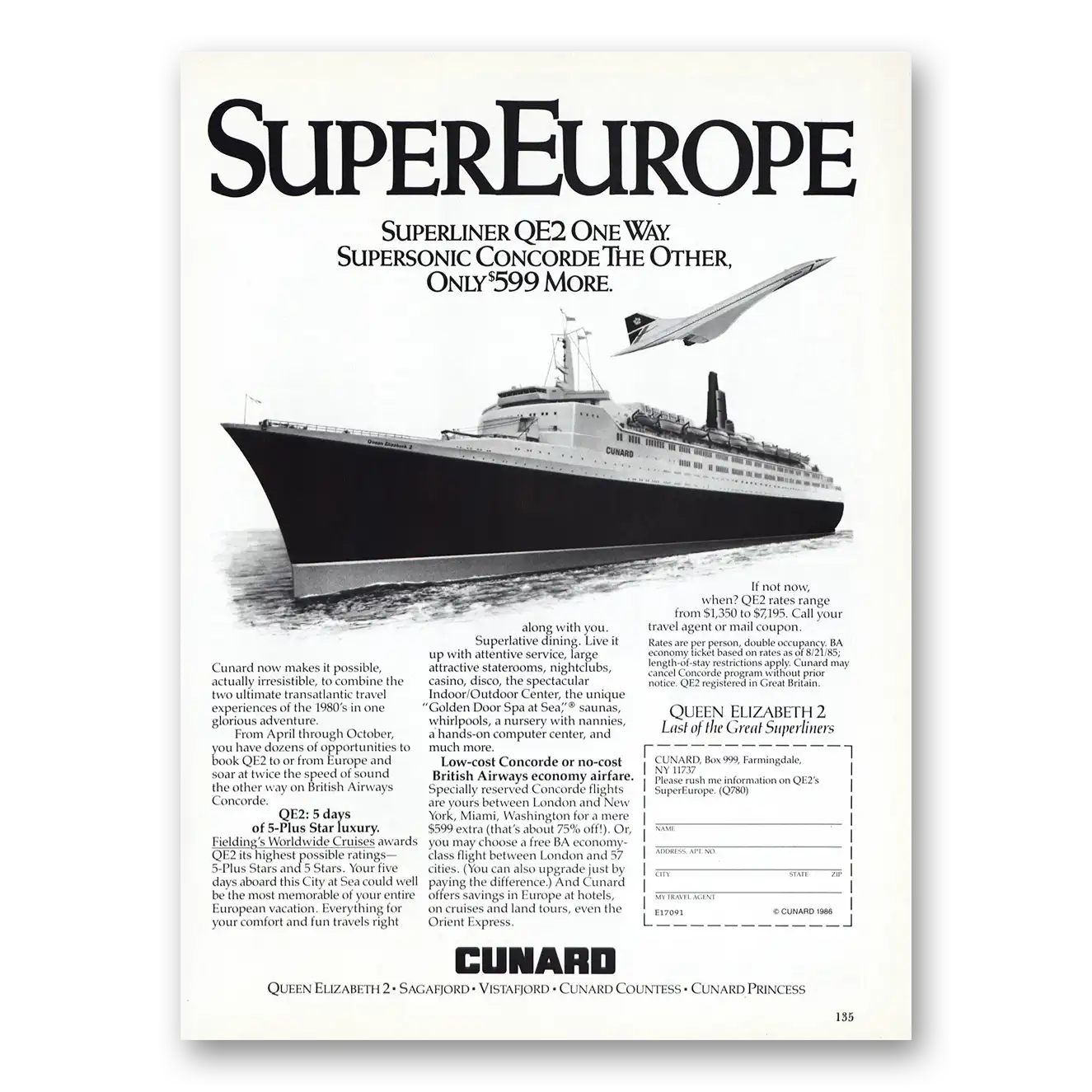 1987 Cunard Superliner QE2 Corcorde Vintage Magazine Print Ad