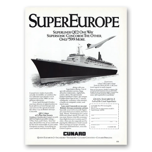 1987 Cunard Superliner QE2 Corcorde Vintage Magazine Print Ad