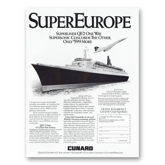 1986 Cunard Super Europe Superliner QE2 Vintage Magazine Print Ad