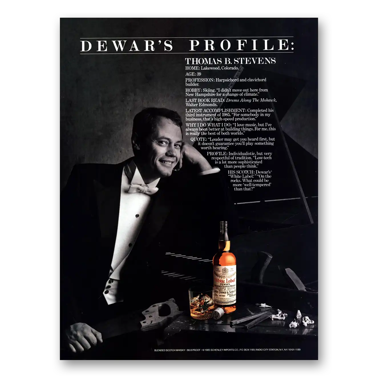 1986 Dewars White Label Thomas B Stevens Vintage Magazine Print Ad