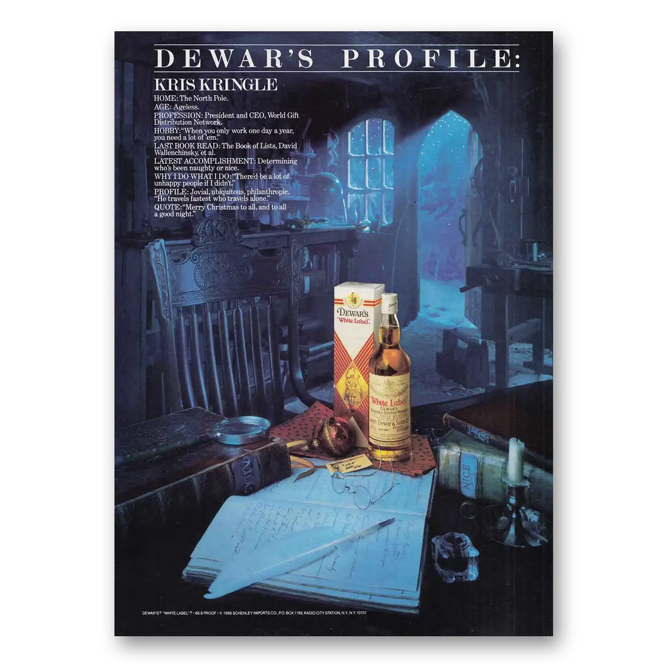 1986 Dewars White Label Kris Kringle North Pole Vintage Magazine Print Ad