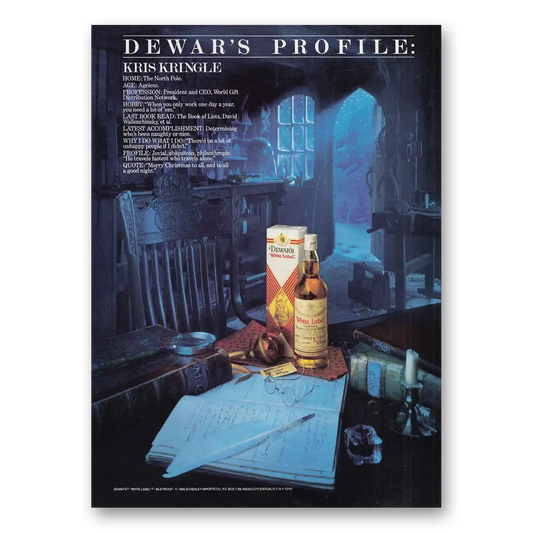 1986 Dewars White Label Kris Kringle North Pole Vintage Magazine Print Ad