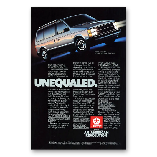 1986 Dodge Caravan Unequaled Give the People What They Want Vintage Magazine Print Ad