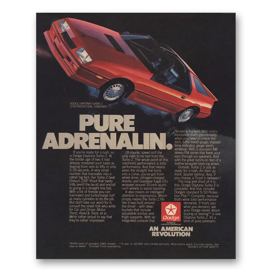 1986 Dodge Daytona Turbo Z Pure Adrenalin Vintage Magazine Print Ad