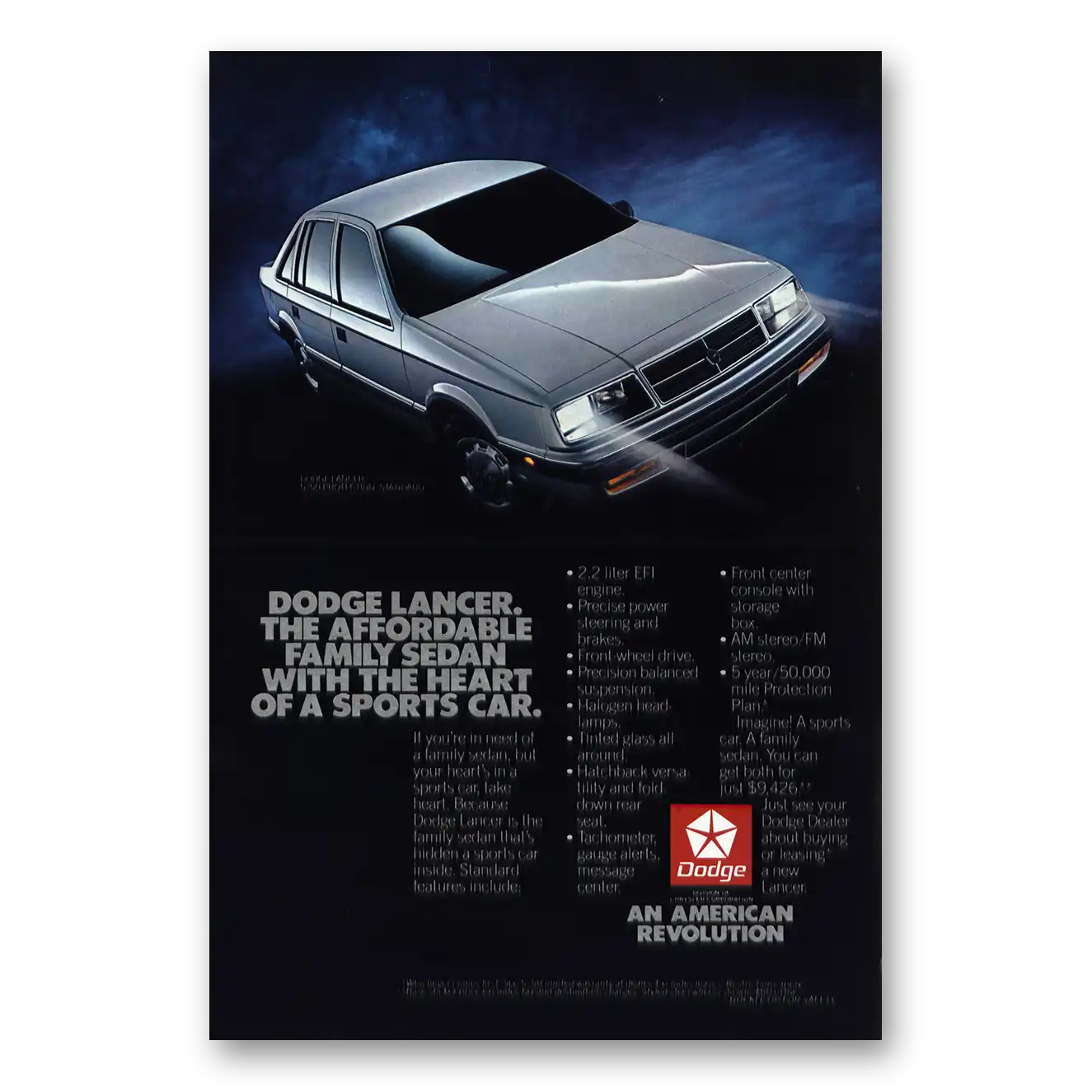 1986 Dodge Lancer Affordable Family Sedan Vintage Magazine Print Ad