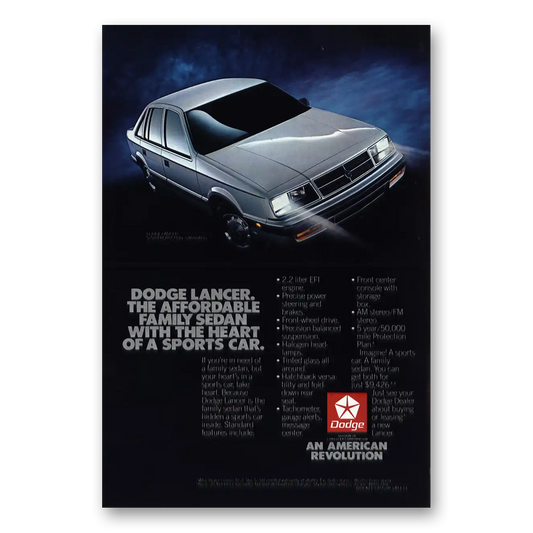 1986 Dodge Lancer Affordable Family Sedan Vintage Magazine Print Ad