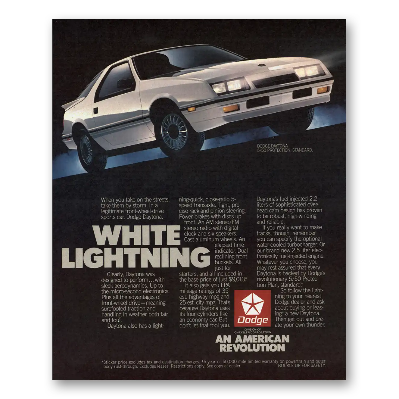 1986 Dodge Daytona White Lightning Vintage Magazine Print Ad