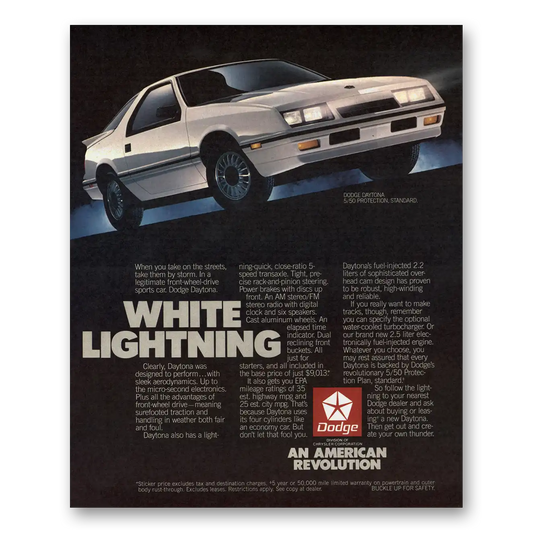 1986 Dodge Daytona White Lightning Vintage Magazine Print Ad