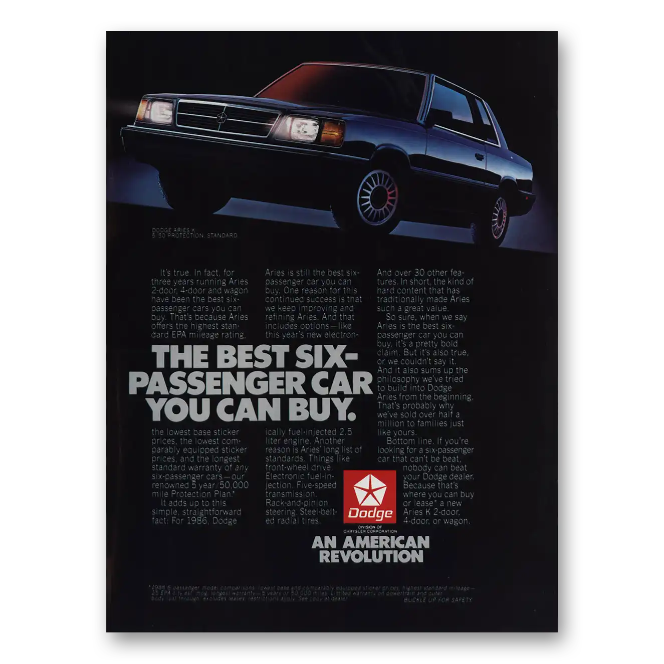 1986 Dodge Aries Best Six Passenger Car Vintage Magazine Print Ad