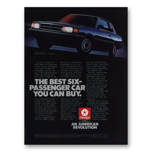 1986 Dodge Aries Best Six Passenger Car Vintage Magazine Print Ad