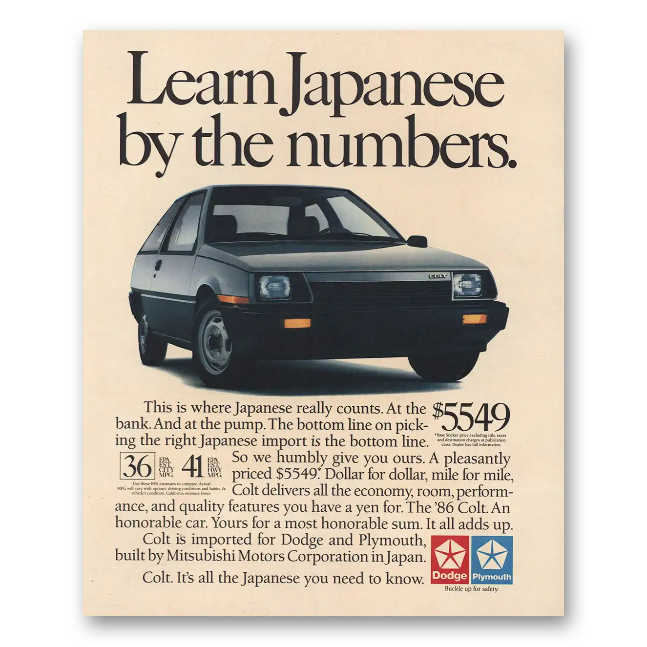 1986 Dodge Colt Learn Japanese By the Numbers Vintage Magazine Print Ad