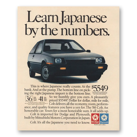 1986 Dodge Colt Learn Japanese By the Numbers Vintage Magazine Print Ad