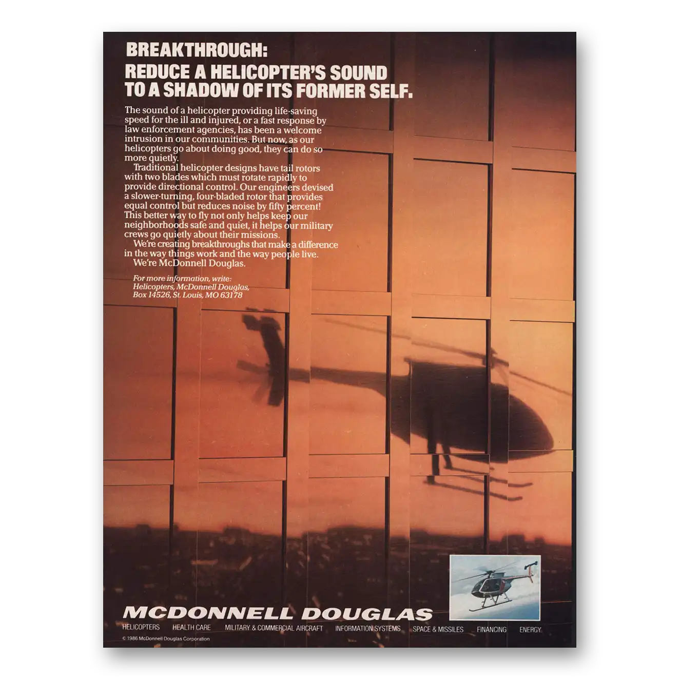 1986 McDonnell Douglas Helicopters Reduce Helicopters Sound Vintage Magazine Print Ad