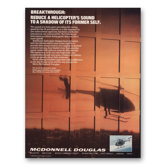 1986 McDonnell Douglas Helicopters Reduce Helicopters Sound Vintage Magazine Print Ad